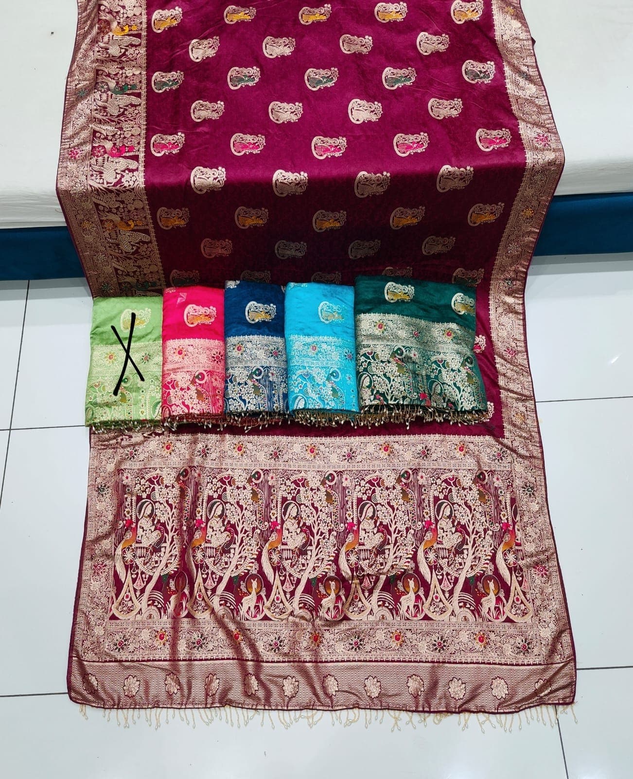 Madhurima Wine Swarovski Baluchari Saree