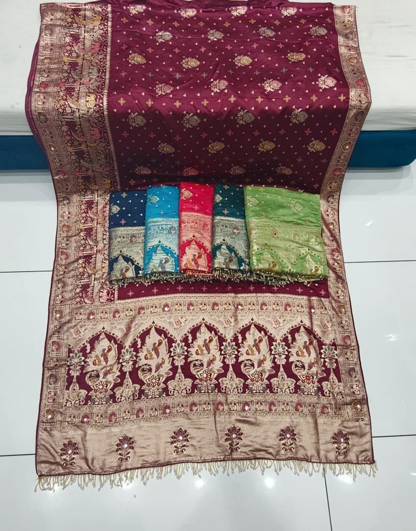 Rangmahal Wine Temple-Motif Banarasi Saree
