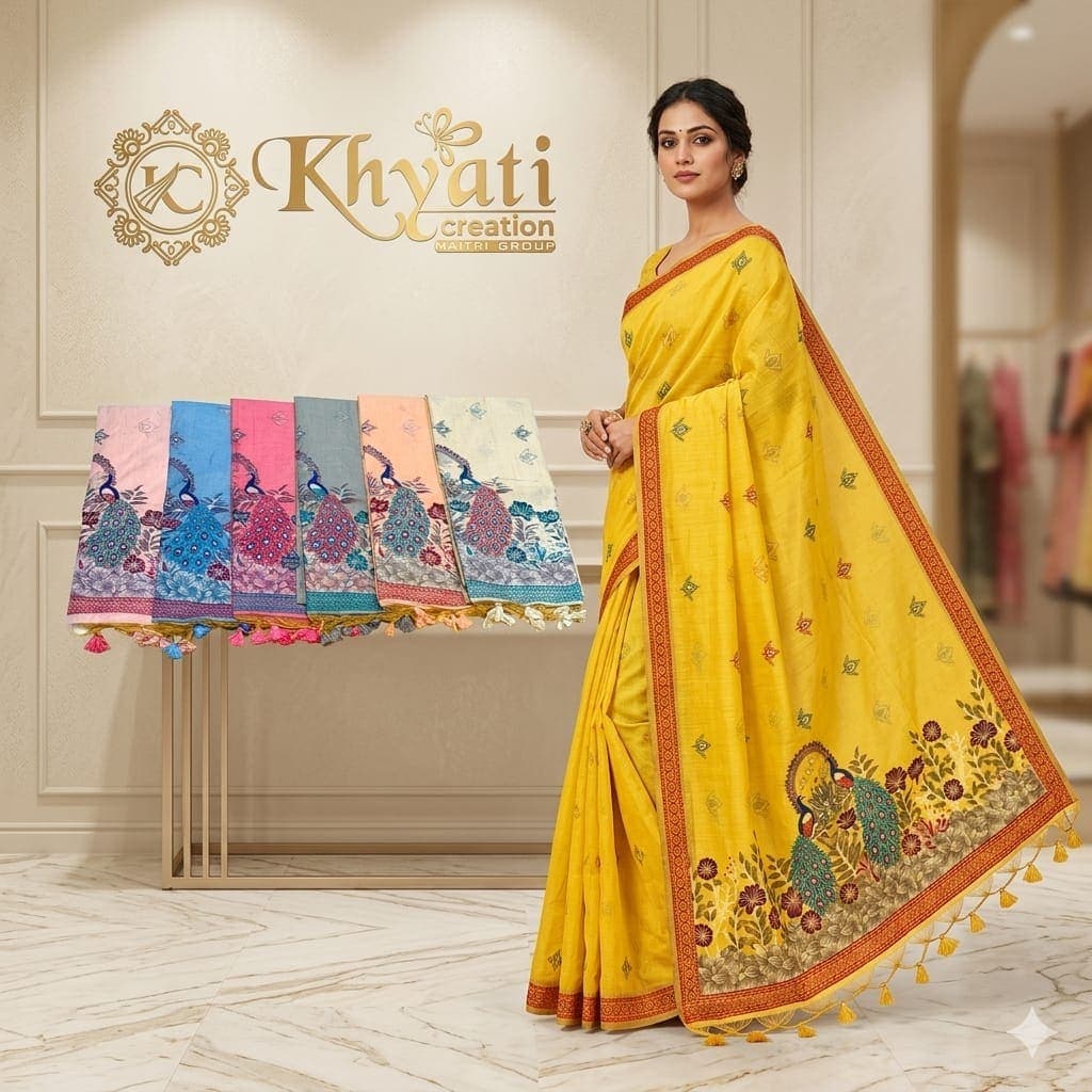 Sunehri Peacock Embroidered Cotton Saree
